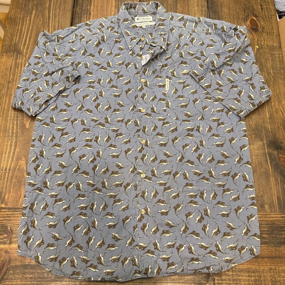 Vtg Columbia Button Up Shirt Mens XXL Sailfish Print Cotton‎ Outdoors Fishing